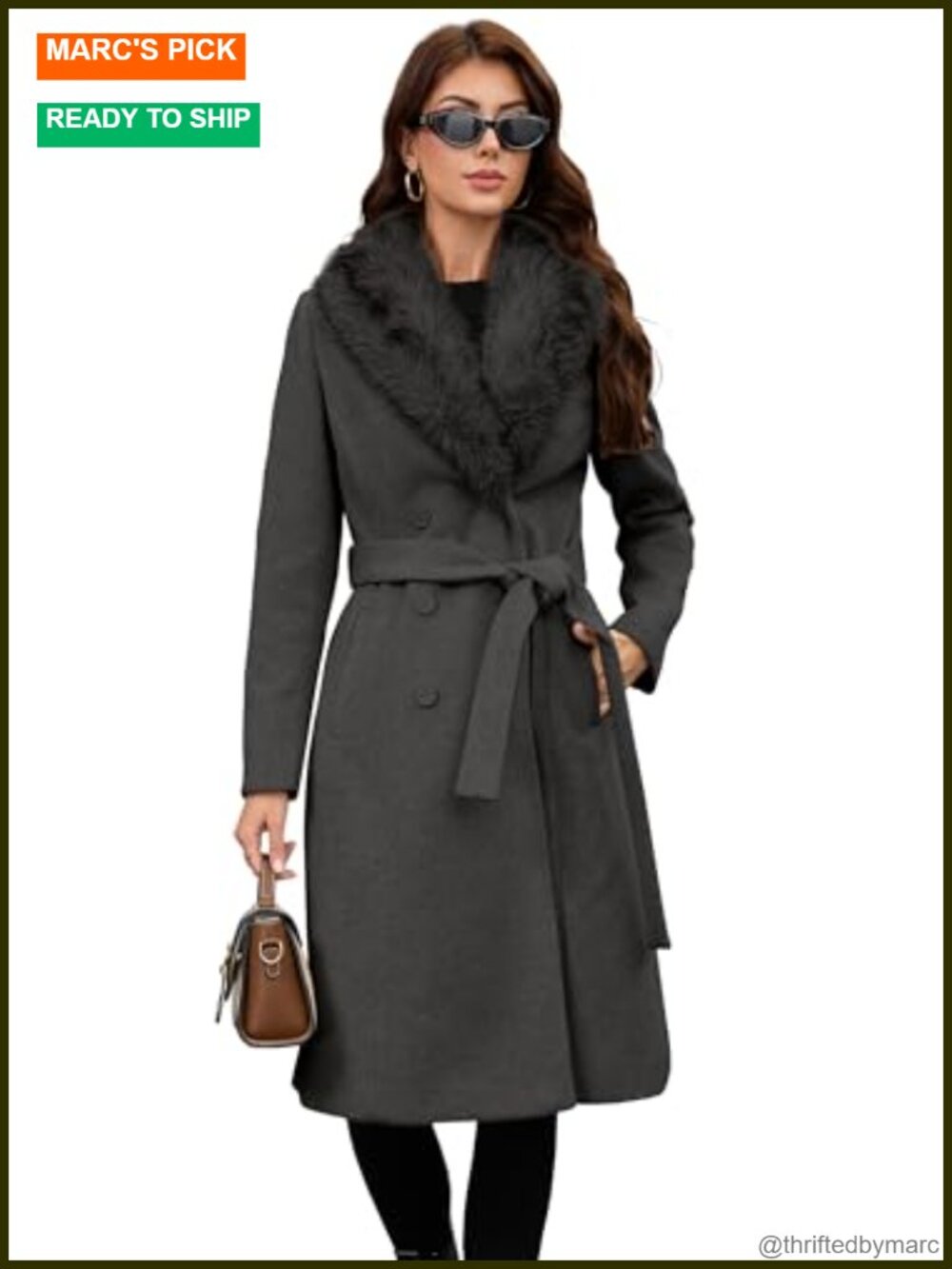 Women's Long Wool-Blend Double-Breasted Trench Coat with Faux Fur Collar